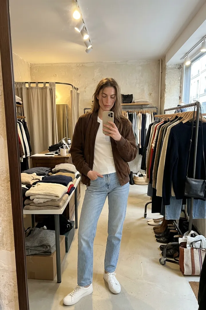 Butik Ayna Selfiesi: Süet bomber ceket